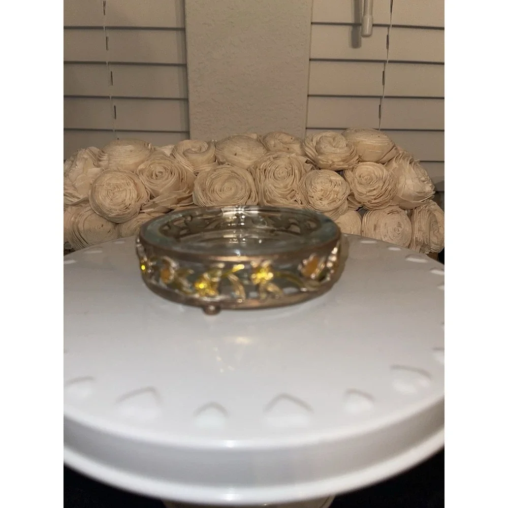 Vintage Clear Glass Ashtray With Gold‎ Tone Floral Ornate Footed Stand Holder